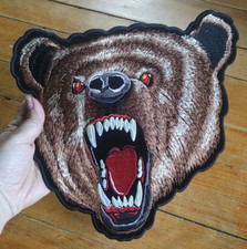 Large Embroidered Back Patch Mean Brown Grizzly Bear Biker Jacket Vest PATCH