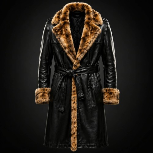 Men's Black Leather Trench Coat with Fur Collar Belted Long Winter Jacket