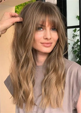 100 Human Hair New Women's With Bangs Layered Long Light Brown Wavy Wigs 24 In