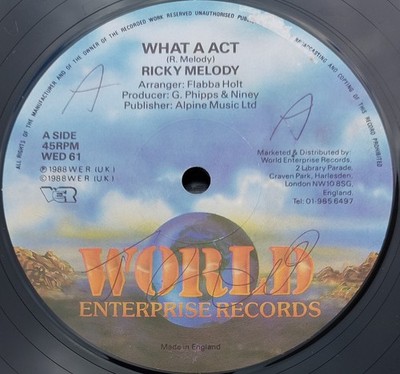 Ricky Melody ''What A Act'' UK 1988 World Enterprise Label 12'' 45rpm Single