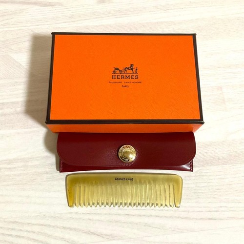 HERMES Hair Comb Buffalo Horn With Leather Case Beige Sellier Logo Engraving