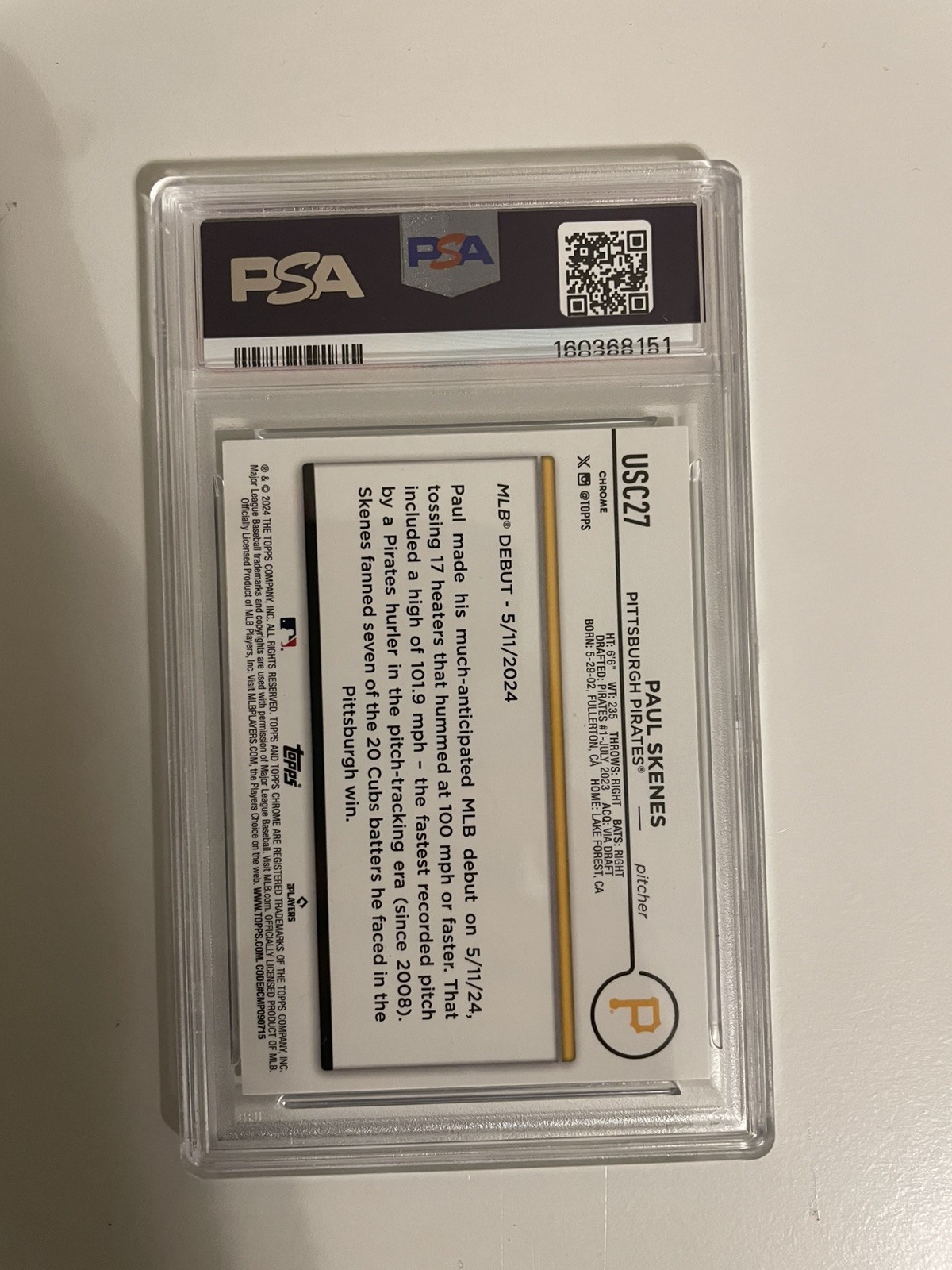 2024 TOPPS CHROME UPDATE X-FRACTOR #USC27 PAUL SKENES ROOKIE RC PSA 9 view 2