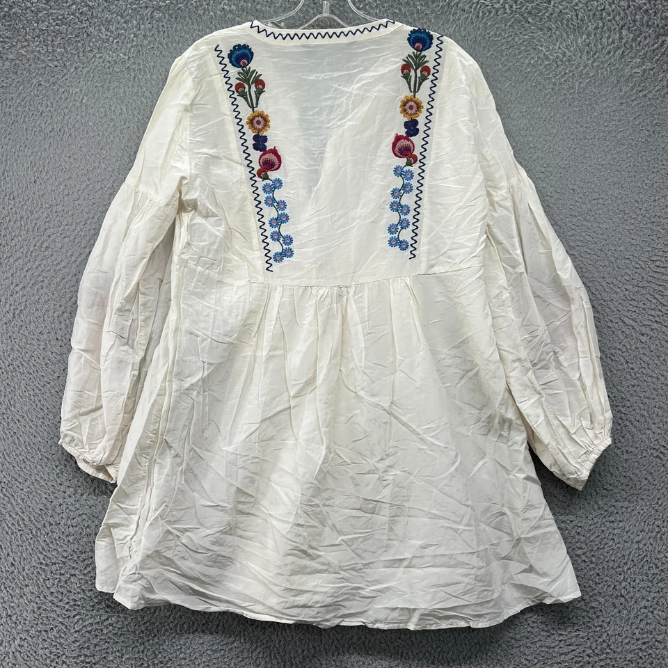 Zara Woman Dress Womens Large White Boho Embroidered Floral Tunic Peasant Top - Image 2 of 4