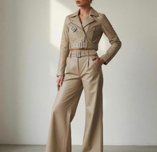 Womens Faux Leather 2 PC Outfit Button UP Long Sleeve Jackets Casual Pants