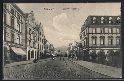 Siegen, Friseur Rühling und Café in der Bahnhofstrasse, Ansichtskarte 1913 