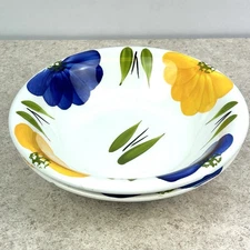 2 VTG La Primula Hand-Painted Soup Bowls Blue & Yellow Daisy 8.25” Made in Italy