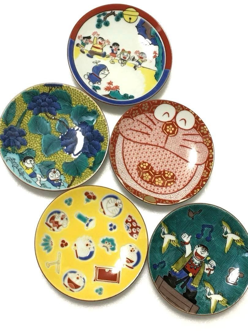 Doraemon Kutani-Yaki Flat Small Plate 5 Set Porcelain Ware Pottery 10cm x 2cm
