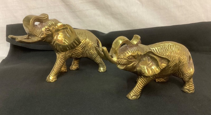 Vintage Solid Brass Elephants Figurine Trunk Up Mid Century MCM Lot of 2