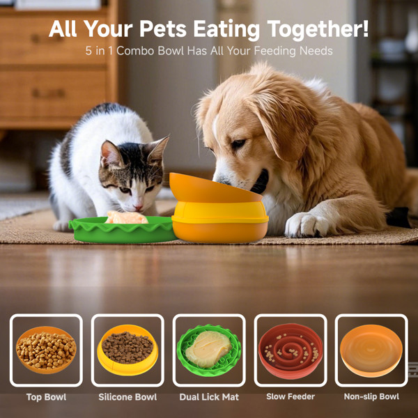 Slow Eating Dish Feeder Bowl 5-in-1 Burger Pet Bowls Set For Dog & Cat