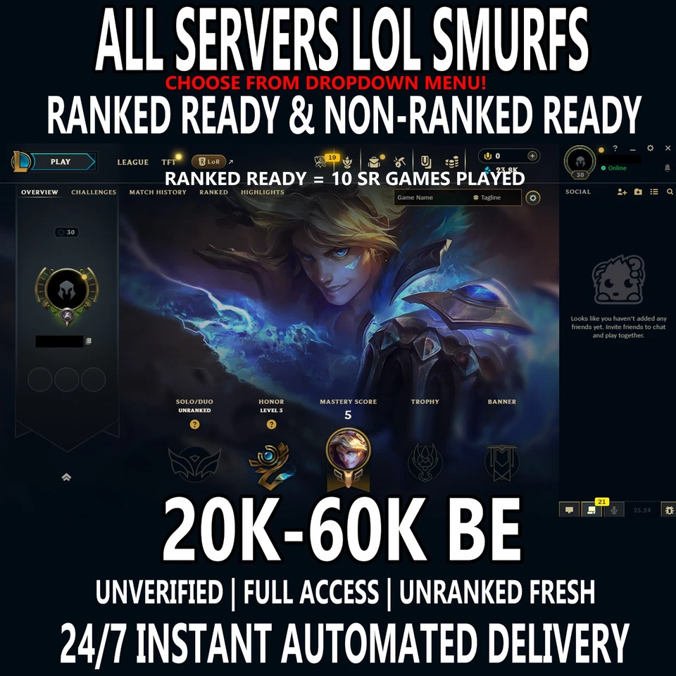 League of Legends Smurf Account 20k-60k BE Full Access Level 30 Unranked Instant - Photo 1/1