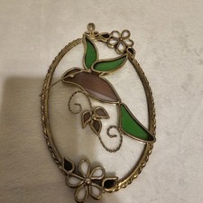 Oval Stained Glass Hummingbird Flowers 7.5x5x1in Suncatcher