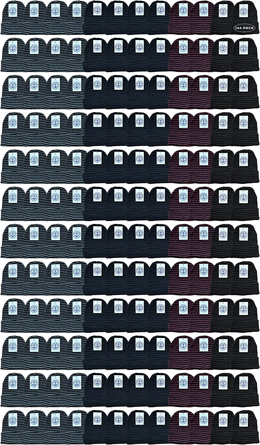 144 PK of Bulk Unisex Winter Beanies -Winter Beanie Hats - Pack D / Striped