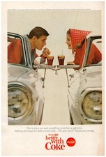 1965 COCA COLA Vintage Print Ad Coke Pop Soda Drive In Trays Convertible Couple