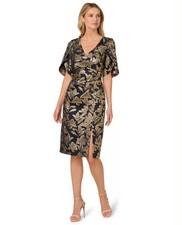 Adrianna Papell Navy Blue Gold Foil Jaquard Midi Dress Size 6 169