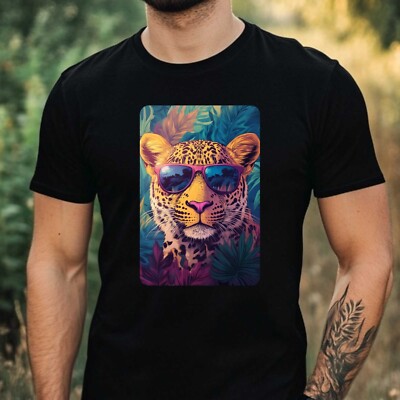 Mens Leopard Sunglasses Cotton T-Shirt Size XS to 5XL