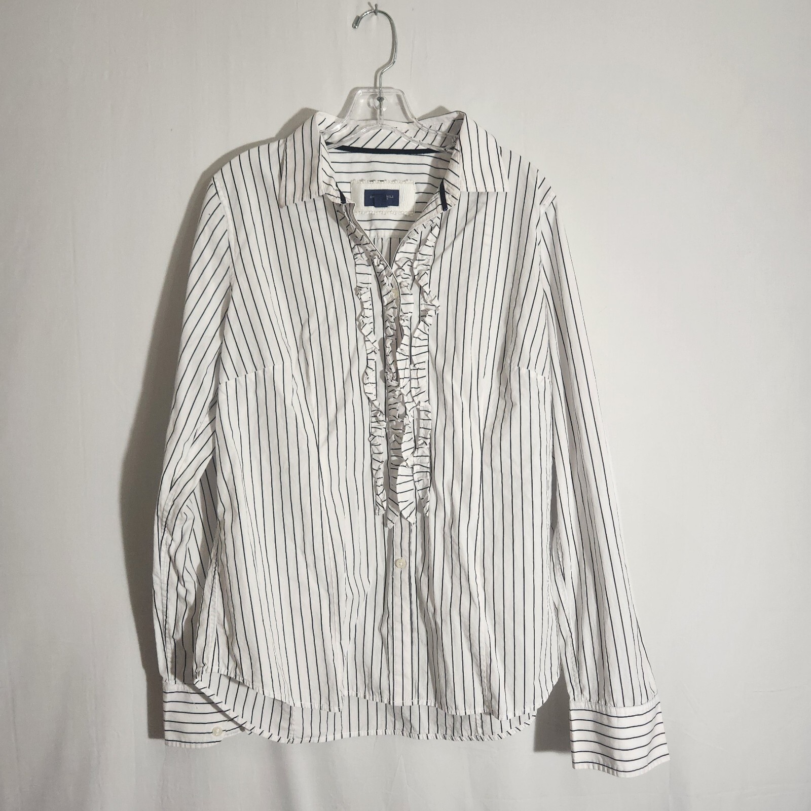 American Eagle White Striped Ruffle Button Down W… - image 1