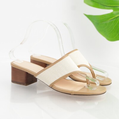 J Crew Women's Sandal Size Thong Slide Block heel Cream Canvas Brown  Leather