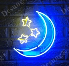 Letrero de luz de neón estrellas luna nueva lámpara de 14" para pub de cerveza acrílico vidrio real