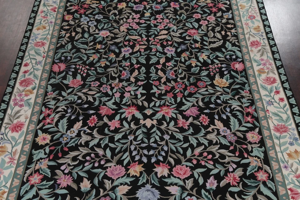 Floral Aubusson Chinese Oriental Area Rug Vegetable Dye Hand-knotted Wool 10x13 - Image 3 of 4
