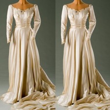 Vintage Light Champagne Wedding Dresses Long Sleeves Satin Lace Bridal Gowns