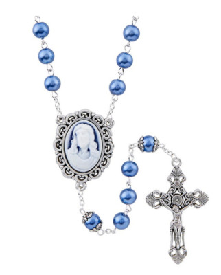 Jesus Christ Cameo Rosary in Sapphire Blue, 23 1/2'' Comes in a Pouch