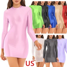 US Women's Ultra Glossy Bodycon Dress Nylon Elastic Tights Long Sleeves Dresses
