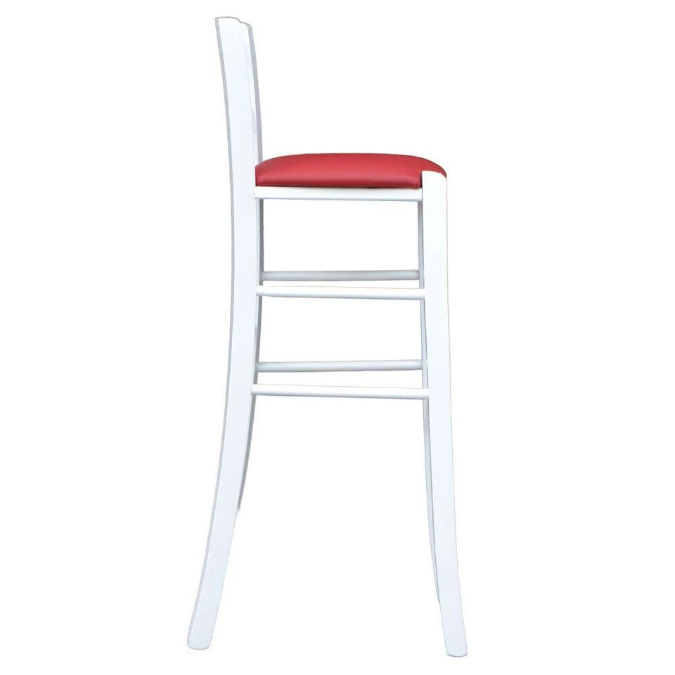 Tabouret De Bar En Bois Blanc Laqué Avec Assise En Similicuir Rouge H 80 Cm - Photo 2/4