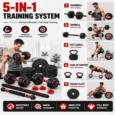 Weight Set Converts to Barbell/Kettlebell/Push Up Stand, 44Lbs Fitness Equipment
