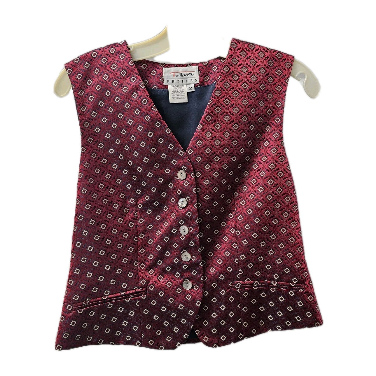 Talbots Petites Patterned Vest 5 Button Burgandy … - image 2