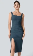 NEW Halara SoftlyZero Midi Dress Size LG Square Neck Corset Ruched Bodycon Airy