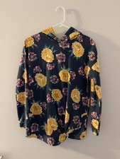 Girls Floral Pullover Hoodie Navy Yellow Long Sleeve with Hood Accent
