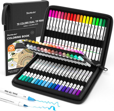 Shuttle Art Dual Tip Brush Pens Set 70 Colors With Coloring Book 1 Count