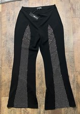 Fashion Nova black women's Sexy Pants Rhinestone wide leg Flared fish net  XL