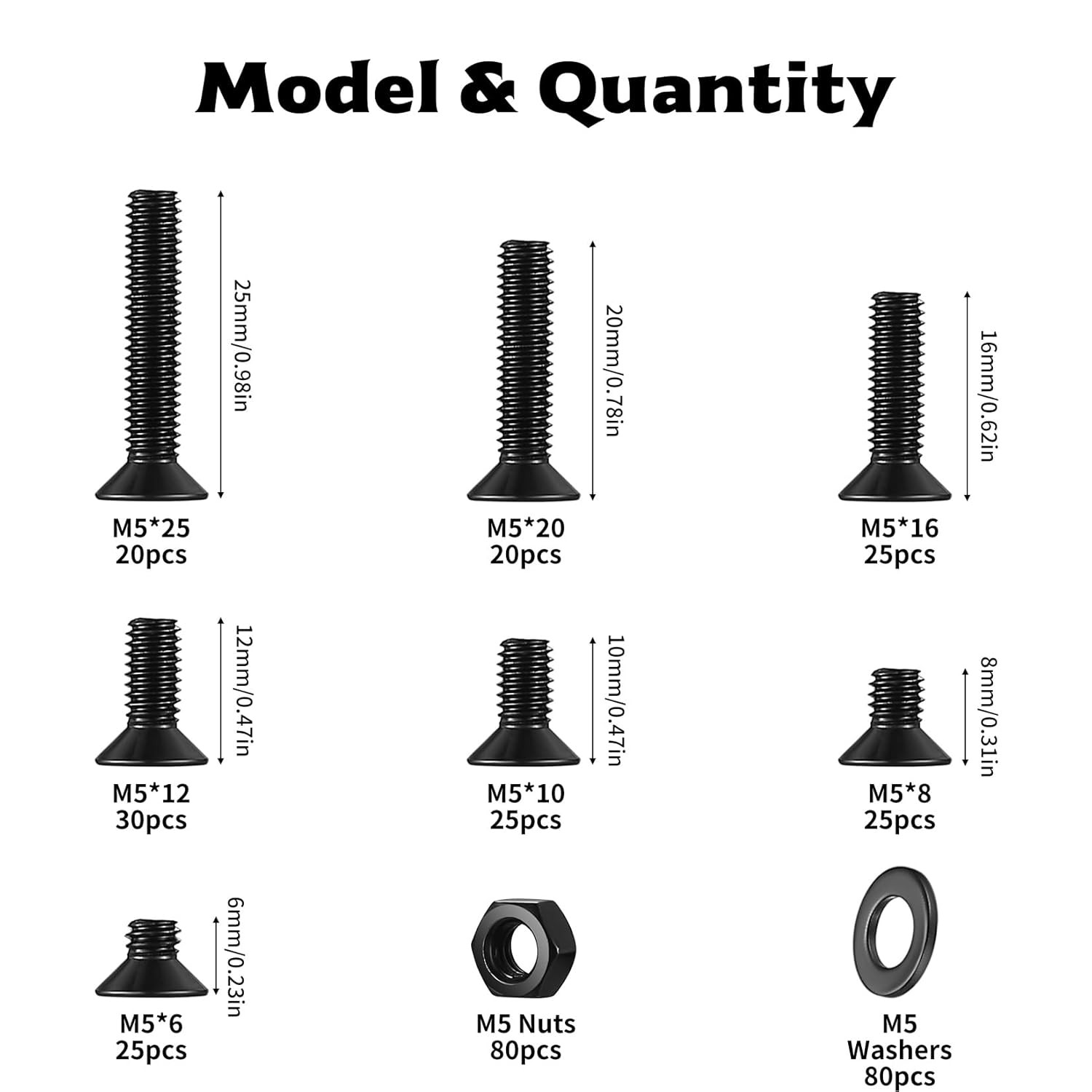 330 Pcs M5 Screws and Nuts Set, M5 Countersunk Bolts and Nuts Assortment, Black