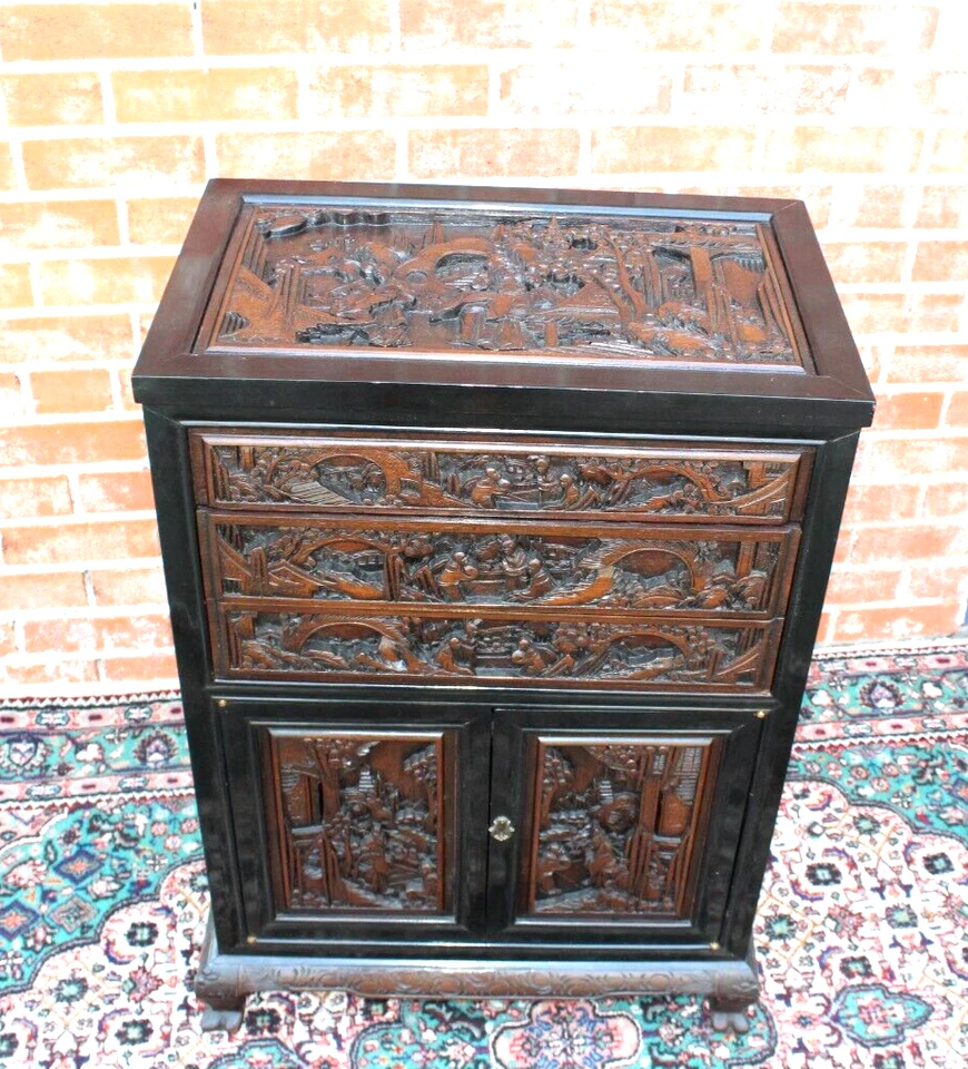 Gabinete de cubiertos chino muy tallado | Antiguo cajón de almacenamiento con cajones Foto 4 de 4