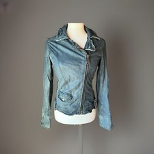 DOMA Grey-Green Luxury Leather Moto Jacket Short Bomber Full Zip Studs Sz S-EXC!