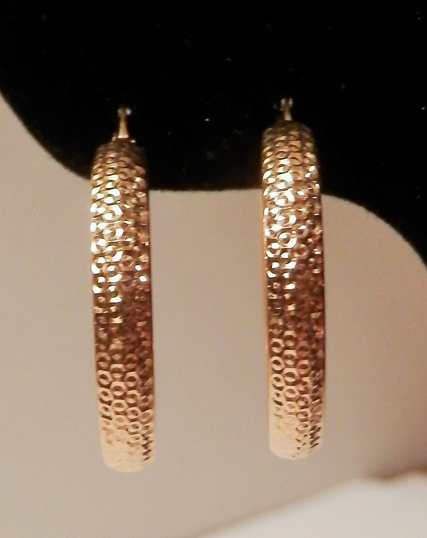 Solid 14K Yellow Gold Dotted Textured Design Hoop… - image 1