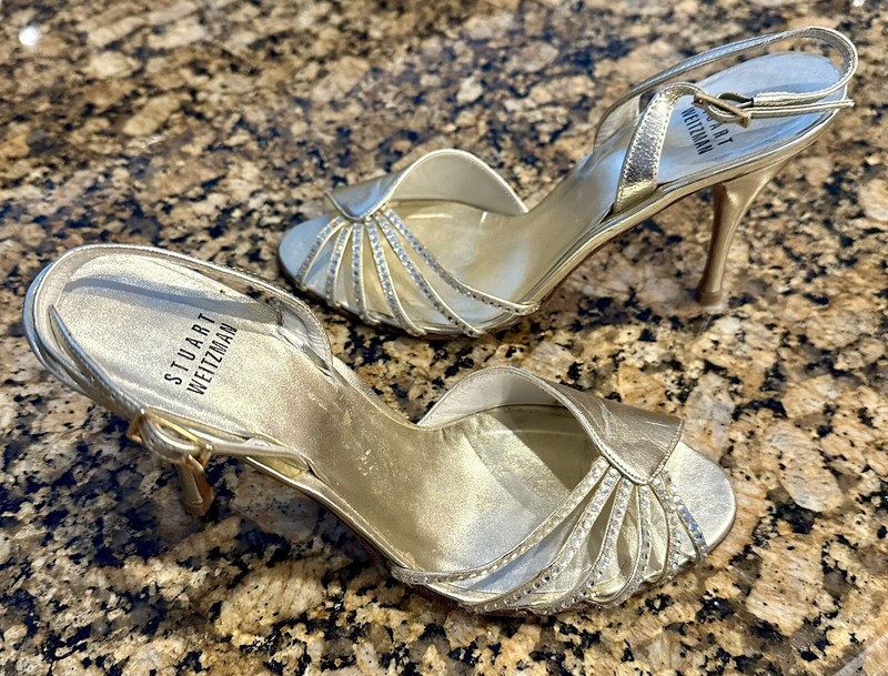 Stuart Weitzman Gold Rhinestone Sling Back Heels Size 6