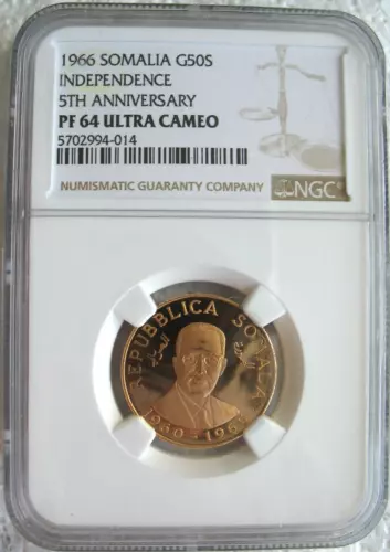 Somalia 1966 Gold 50 Shillings NGC PF-64 Ult.Cameo Independence 5th Anniversary