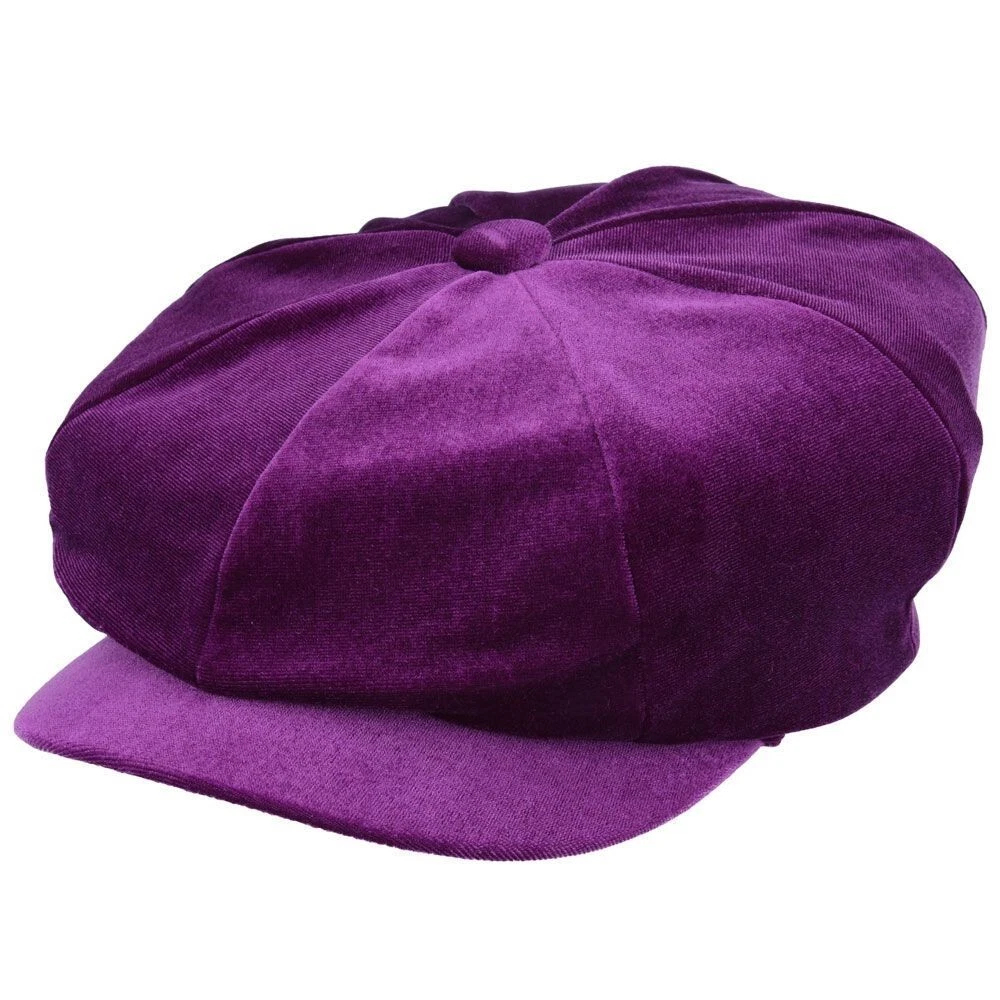 Womens Velvet Purple Bakerboy Newsboy Hat Gatsby 8 Panel Winter Cap Ladies Girls