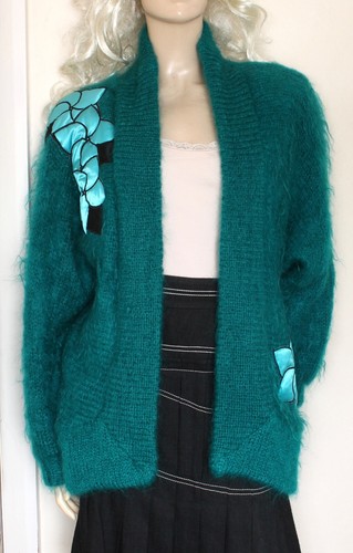 Vtg Handknitted turquoi mohair lined oversized cardigan jacket size M/12–14 80s - Picture 3 of 16