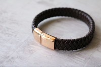 Mens Black Personalised Leather Bracelet - Engraved Gift - Ip Rose Gold Plated Mens Black Personalised Leather Bracelet - Engraved Gift - Ip Rose Gold Plated
