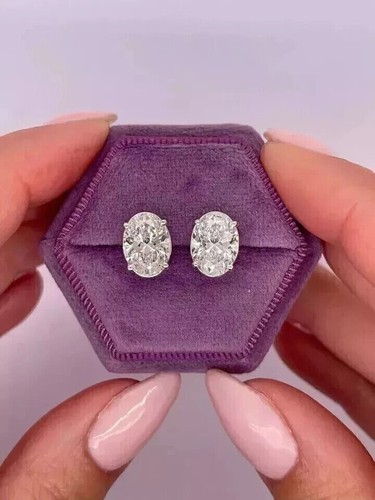 5X3 Oval Cut E-F/VVS Lab Grown Diamond 14k White Gold Plated 925 Stud Earrings - Picture 2 of 6