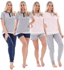 Ladies Pyjama Set 3 Piece Heart Printed Crew Neck Pocket Buttons Lace Short PJs
