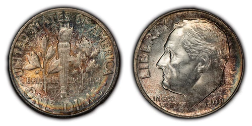 1960 10c Silver Roosevelt Dime - Intricate Rainbow Toning - BU - SKU-Z2144