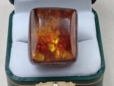 Statement Modernist Sterling Silver Ring w. Baltic Amber Setting: Size 6.5
