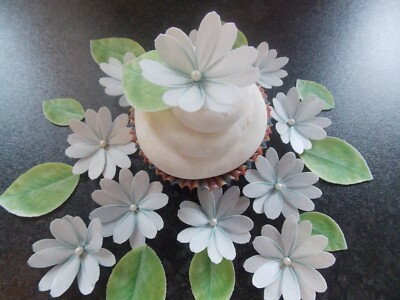 34 Stück 3D Essbar Weiß Gänseblümchen Blume und Blätter Oblate Papier Kuchen/Cupcake Topper