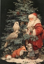 Grußkarte * Kunstlerkarte * Weihnachten * Vintage-Weihnachtsmann mit Waldtieren