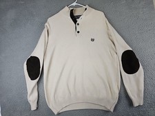 Chaps Sweater Mens Large Beige 1/4 Button Pullover Long Sleeve Elbow Patches