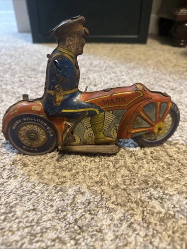 Vintage Louis Marx - Tin Litho Police Windup Motorcycle - Works - Damaged